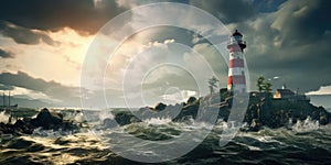 Lighthouse In Stormy Landscape - Leader And Vision Concept