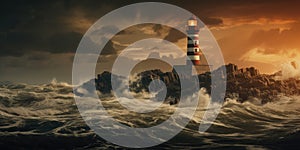 Lighthouse In Stormy Landscape - Leader And Vision Concept