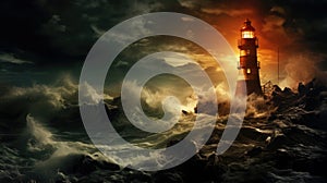 Lighthouse In Stormy Landscape - Leader And Vision Concept