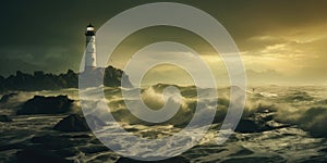 Lighthouse In Stormy Landscape - Leader And Vision Concept