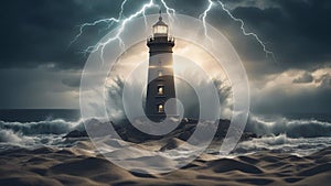 Lighthouse In Stormy Landscape wave hitting lighthouse - Leader And Vision Concept