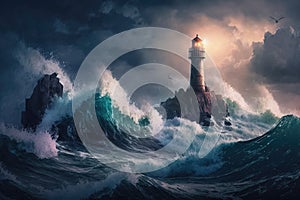 Lighthouse in a stormy ocean with giant waves. AI Generated