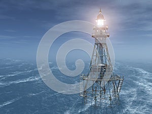 Lighthouse in the stormy ocean at night