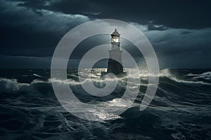 Lighthouse In Stormy Ocean in the night time. Conceptual photography