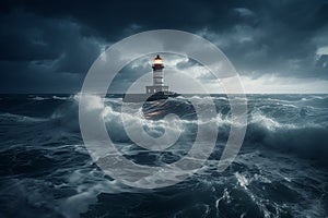 Lighthouse In Stormy Ocean in the night time. Conceptual photography