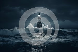 Lighthouse In Stormy Ocean in the night time. Conceptual photography