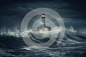 Lighthouse In Stormy Ocean in the night time. Conceptual photography