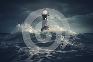 Lighthouse In Stormy Ocean in the night time. Conceptual photography