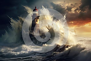 Lighthouse on stormy sea. 3d rendering. Elements of this image furnished by NASA, An old lighthouse during a violent storm with