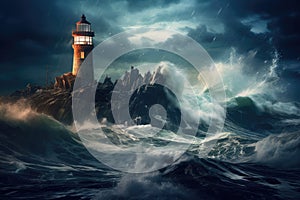 Lighthouse on stormy sea. 3D illustration, An isolated iron lighthouse shining light out to sea at night as it sits on a rocky