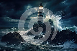 Lighthouse on stormy sea, An isolated iron lighthouse shining light out to sea at night as it sits on a rocky stone island being