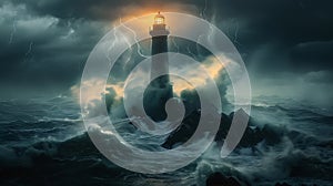 Lighthouse In Stormy Sea Landscape turbulent sea and dark clouds Sky background AI generated