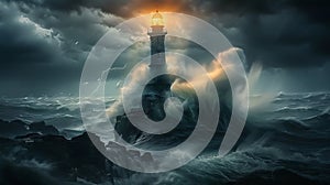 Lighthouse In Stormy Sea Landscape turbulent sea and dark clouds Sky background AI generated