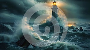 Lighthouse In Stormy Sea Landscape turbulent sea and dark clouds Sky background AI generated