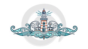 Lighthouse with Stylized Waves and Nautical Elements, vector design Generative AI