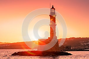 Lighthouse at sunrise, Chania, Crete, Greece