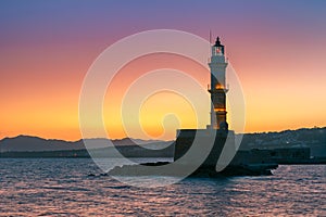 Lighthouse at sunrise, Chania, Crete, Greece