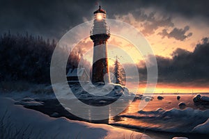 Lighthouse at sunrise in winter