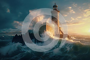 Lighthouse at Sunset Amidst the Stormy Night Sea - ai