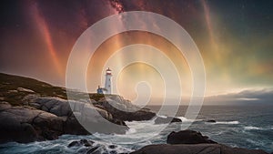 lighthouse at sunset highly intricately detailed photograph o Peggy`s Cove Lighthouse inside a nebula surrounded by huge rainbows photo