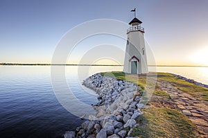 Lighthouse at sunset on Lake Hefner