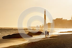 Lighthouse at sunset. Maspalomas beach.Gran Canaria