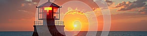 Lighthouse at sunset by the ocean with vibrant sky and clouds