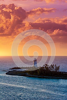 Lighthouse at sunset in the paradise island.