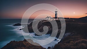 lighthouse at sunset Romantic lighthouse near Atlantic seaboard shining at night in the bright of the moon photo