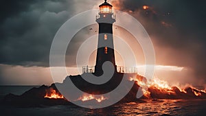 lighthouse at sunset A scary lighthouse in a hellish fire, photo