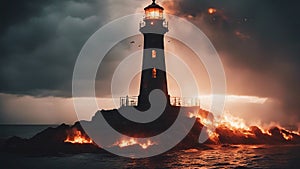 lighthouse at sunset A scary lighthouse in a hellish fire, with demons, flames,