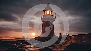 lighthouse at sunset A scary lighthouse in a hellish fire, with , flames,