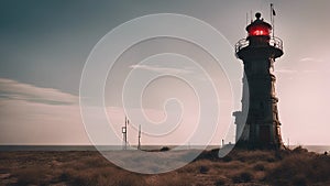 lighthouse at sunset A scary lighthouse in a post apocalyptic wasteland, with radioactive dust,