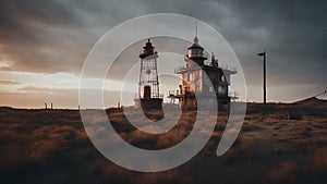 lighthouse at sunset A scary lighthouse in a post apocalyptic wasteland, with radioactive dust,
