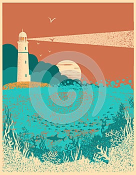 Lighthouse on sunset with sea waves.Underwater sea poster background