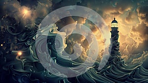 A lighthouse surrounded by swirling waves and geometric shapes displaying the power and regularity of tides. photo