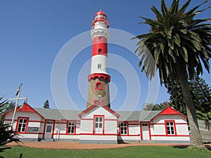 Lighthouse in Swakopmund Namibia with blue sky background