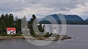 Lighthouse ta Dryad Point near Bella Bella on Campbell Island, Canada at Lama Passage, part of popular Inside passage.