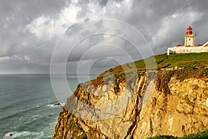 Lighthouse on top of cliff at dusk