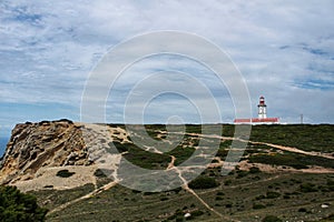 Lighthouse on top of cliff and surrounded by vegetation at Cape Espichel