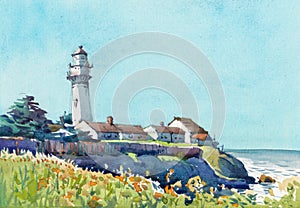 Lighthouse tower along coast seascape watercolor hand drawn painting