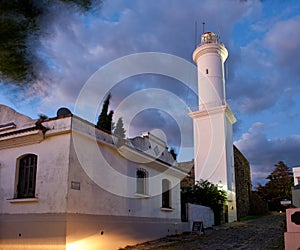 Lighthouse tower at dusk.