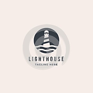 Lighthouse Tower Island logo with wave. premium vector design inspiration