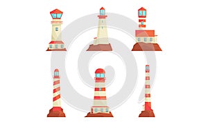 Lighthouse Tower Serving as Navigational Aid on Sea Vector Set