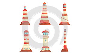 Lighthouse Tower Serving as Navigational Aid on Sea Vector Set