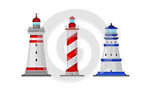 Lighthouse Tower Serving as Navigational Aid on Sea Vector Set