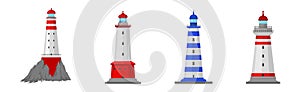 Lighthouse Tower Serving as Navigational Aid on Sea Vector Set