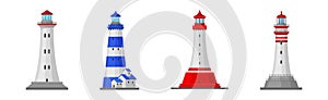 Lighthouse Tower Serving as Navigational Aid on Sea Vector Set