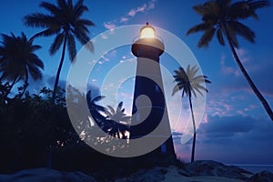 lighthouse on a tropical island at night