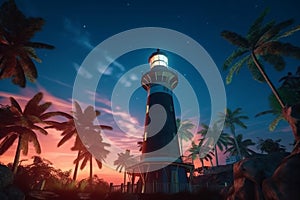 lighthouse on a tropical island at night